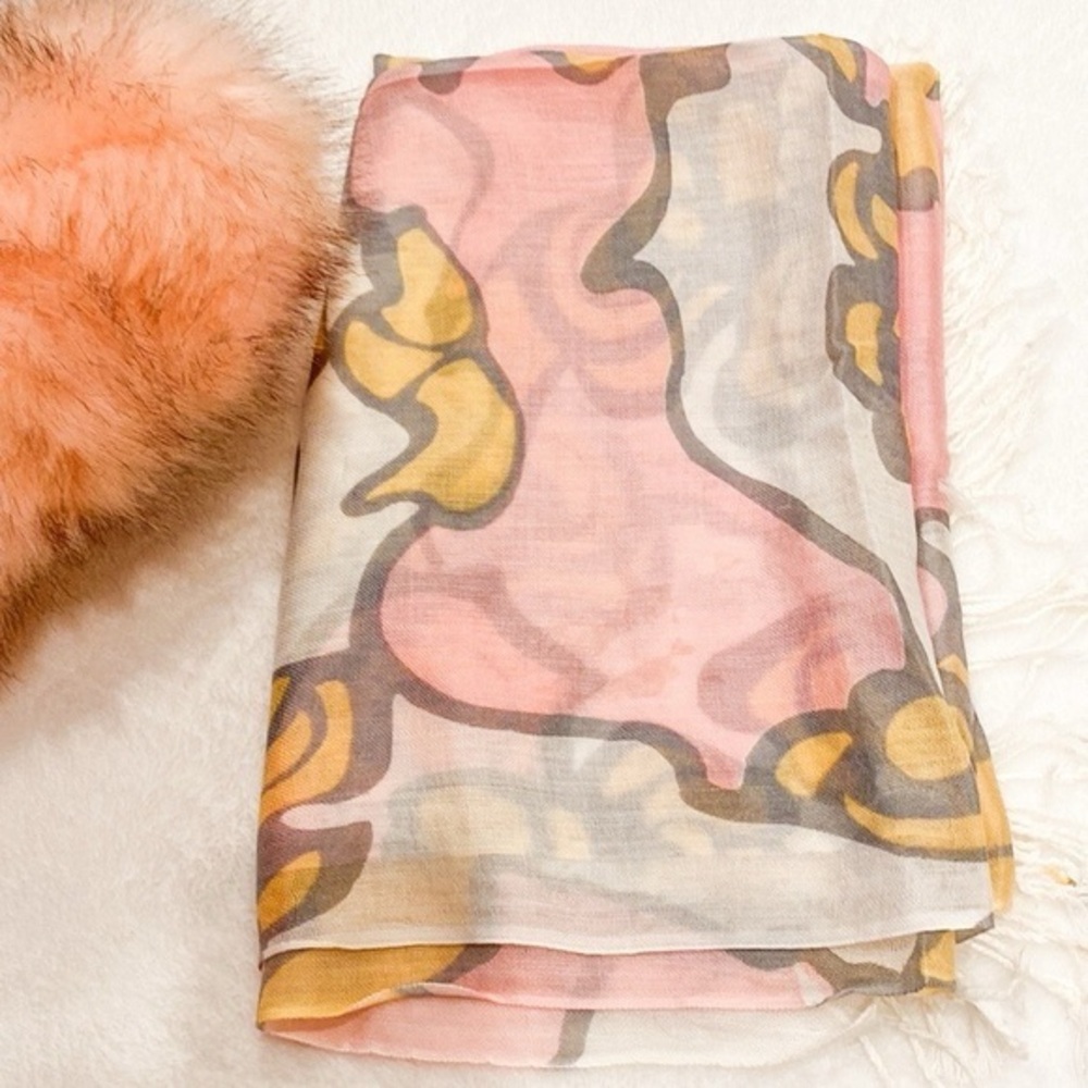 Abstracts bold artsy pink and gold fringe scarf